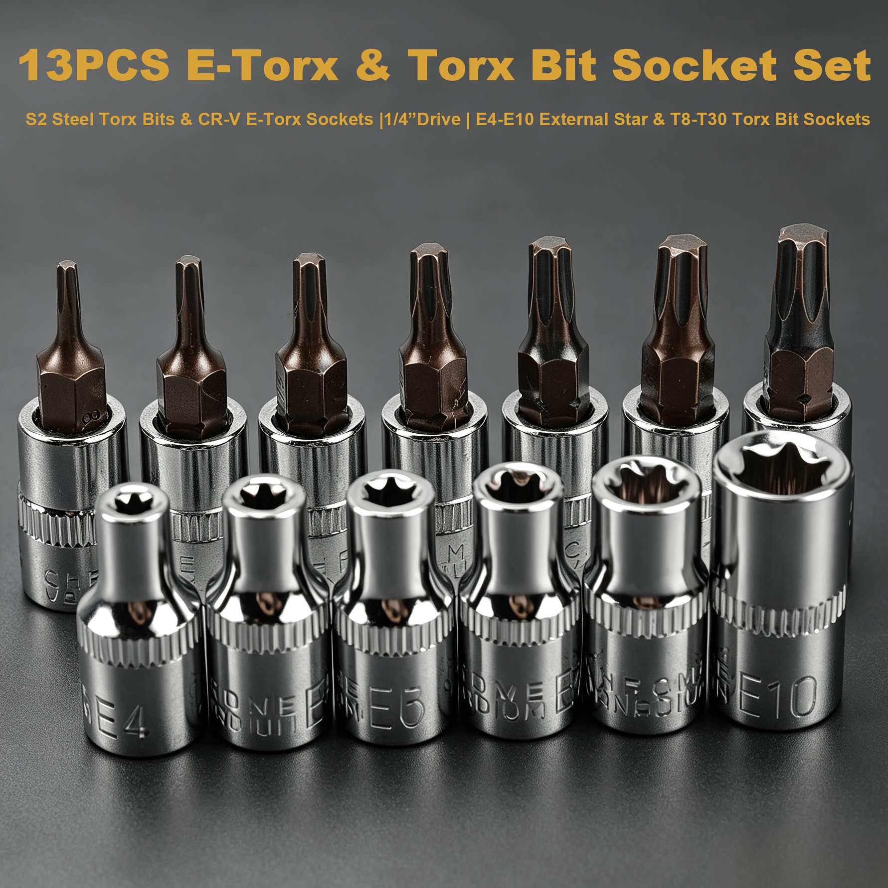 TEMU 13pcs 1/4" Drive E-torx & Torx Bit Socket Set, S2 Alloy Steel Bits And Chrome Vanadium Steel Sockets, Includes E4-e10 External Star Sockets And