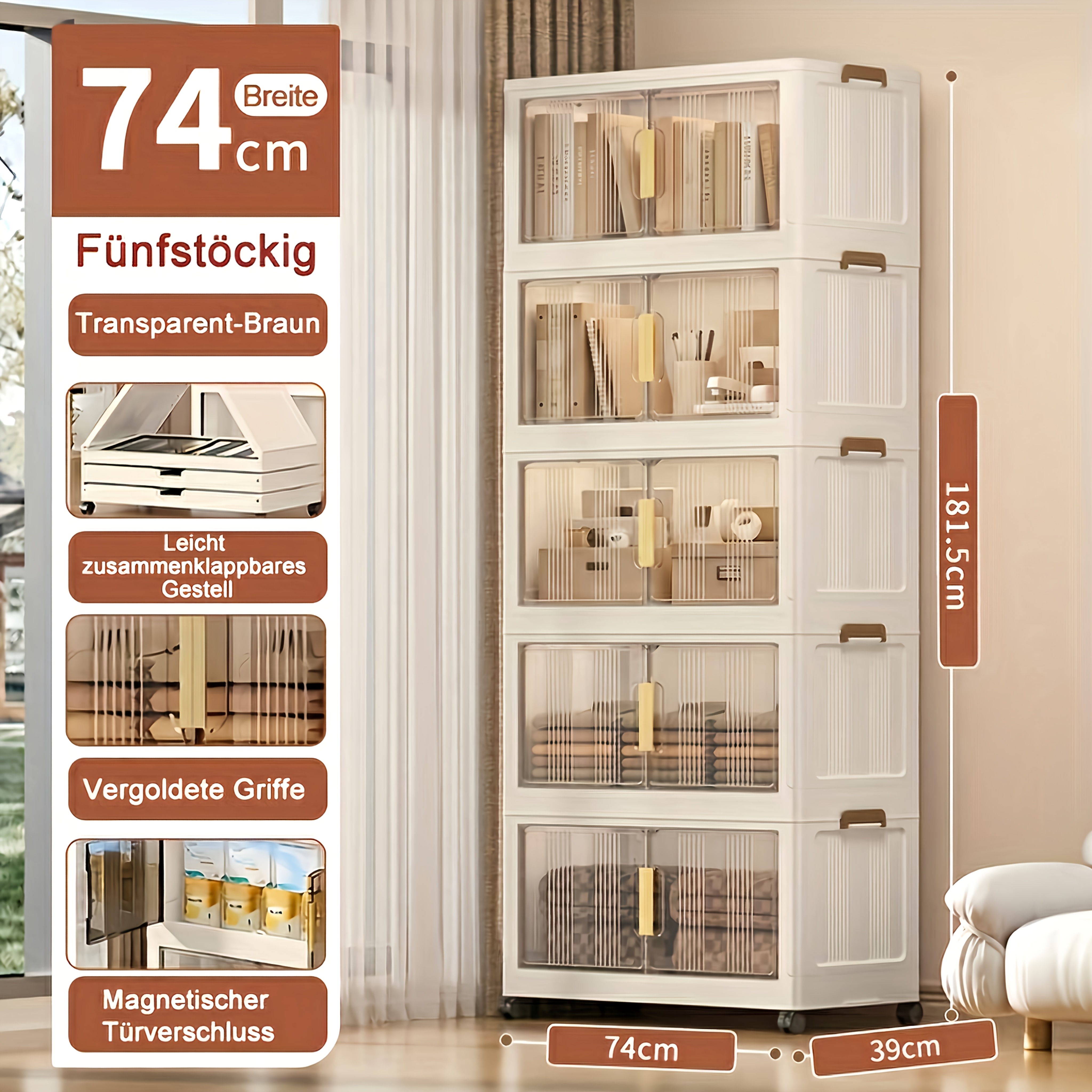 74cm Extra Large Foldable Storage Cabinet With Wheels, Magnetic Doors & Clear Panels, Stackable Plastic Organizer Unit For Bedroom, Living Room, Office, Pantry & Documents