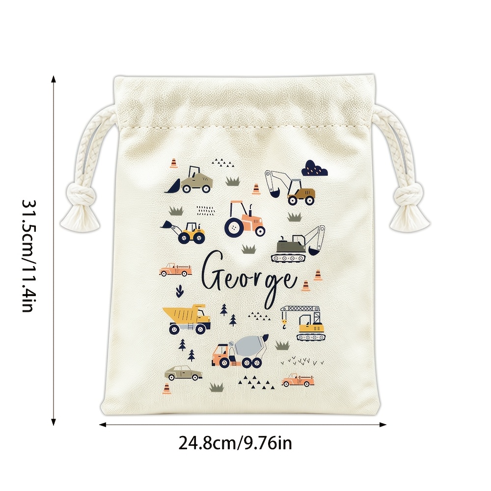 TEMU Personalized Construction-themed Gift Bags With Custom Name/text - Canvas Drawstring Favor Pouch Suitable For Birthday Parties, Truck Themed