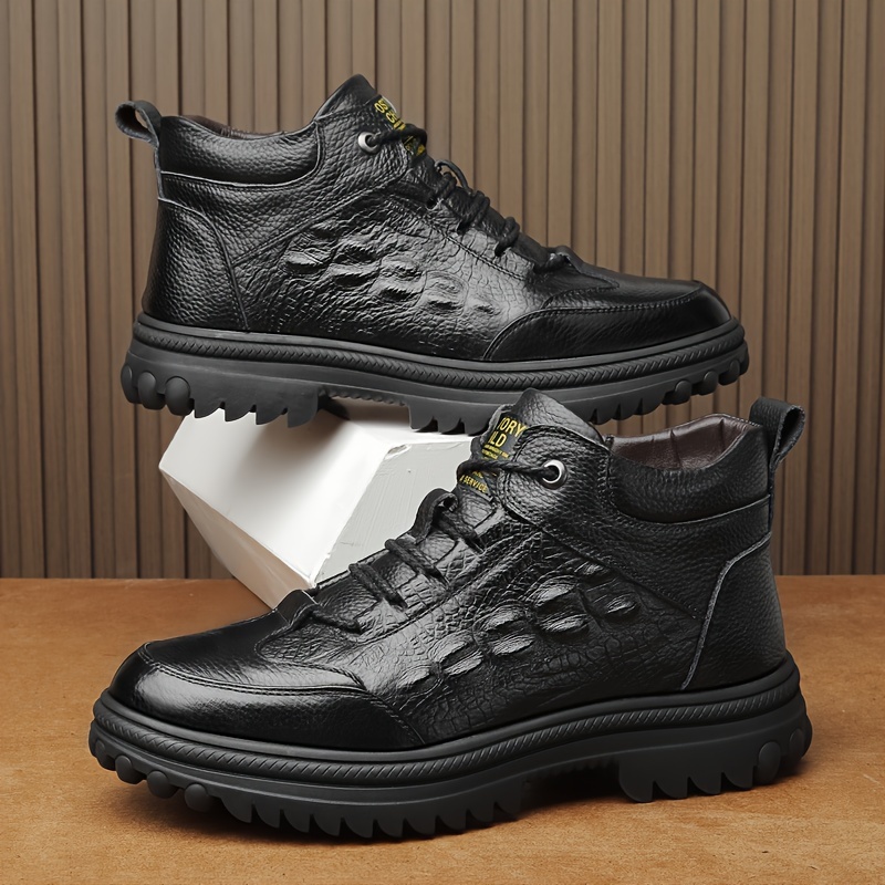 mens premium genuine   ankle boots comfortable warm fleece lined winter snow shoes   casual hiking footwear solid color with lace up closure round toe non slip rubber sole 5