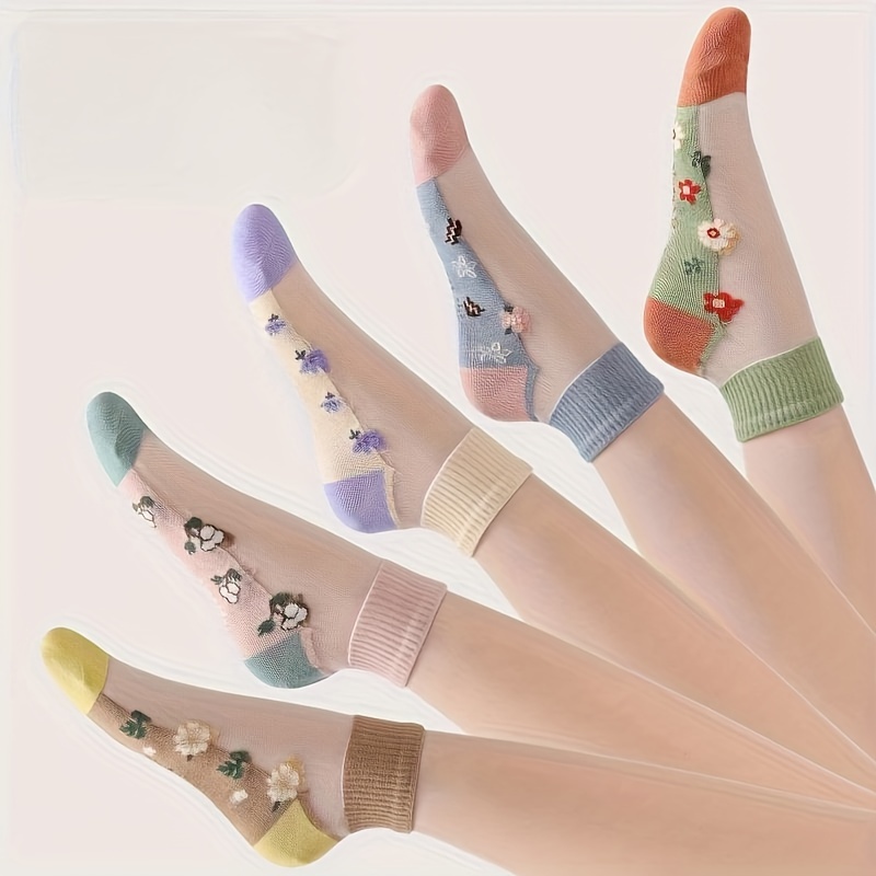 

5 Pairs Floral Glass Silk Socks, Cute & Sweet Sheer Short Socks, Women's Stockings & Hosiery