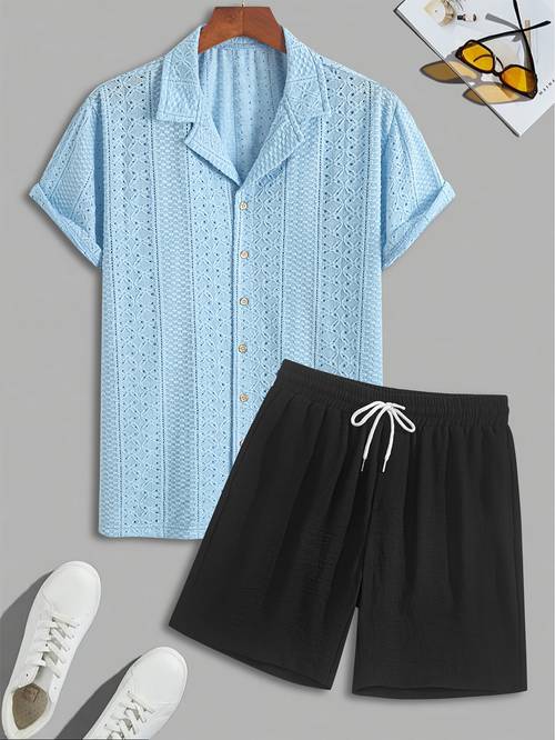 mens knit jacquard button up short sleeve shirt and linen blend casual shorts set casual athletic outfit shirt and shorts set