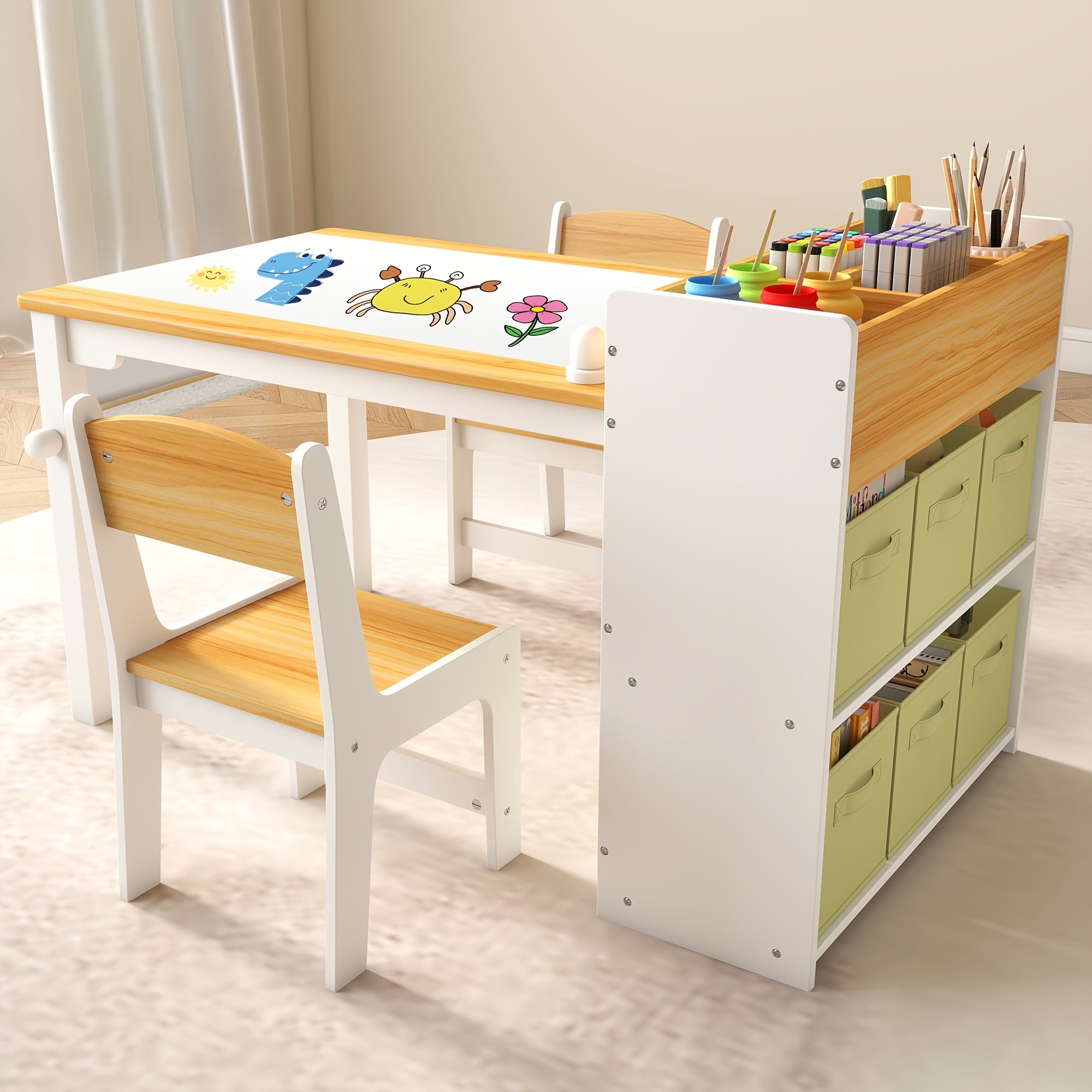 Children's Folding Art Desk & Chair Set with Storage Box & Tissue Holder - Wooden Table and Chair Suitable for, Assembly Compact Folding for Room, Playroom, Learning Table