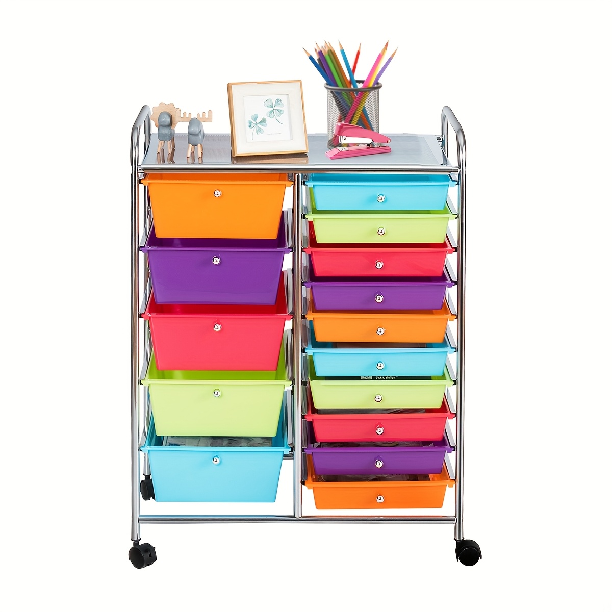 Image of 15-drawer Rolling Storage Cart, Multipurpose Utility Cart With Removable Drawers & Lockable Casters, Mobile Tool Organizer Trolley For Home Office, School, Craft, Multicolored