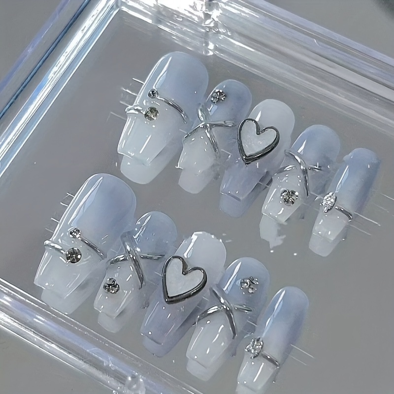 

10pcs Handmade Press On Nails With Rhinestones, Heart Fake Nails, Full Cover Gradient False Nails For Women And Girls