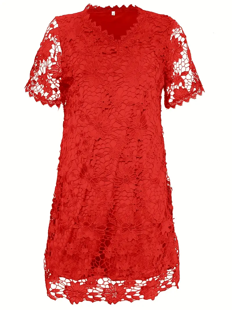 v neck fashion short sleeve hollow lace dress - Temu v neck fashion short sleeve hollow lace dress - Temu