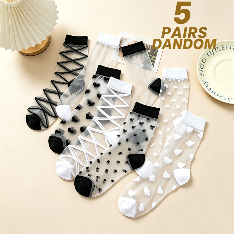 TEMU Random 5-pair Women' Mid-calf Socks, Ultra-thin And Breathable For Spring/summer, Women's Crystal Glass Yarn Socks With , Transparent Mid-calf