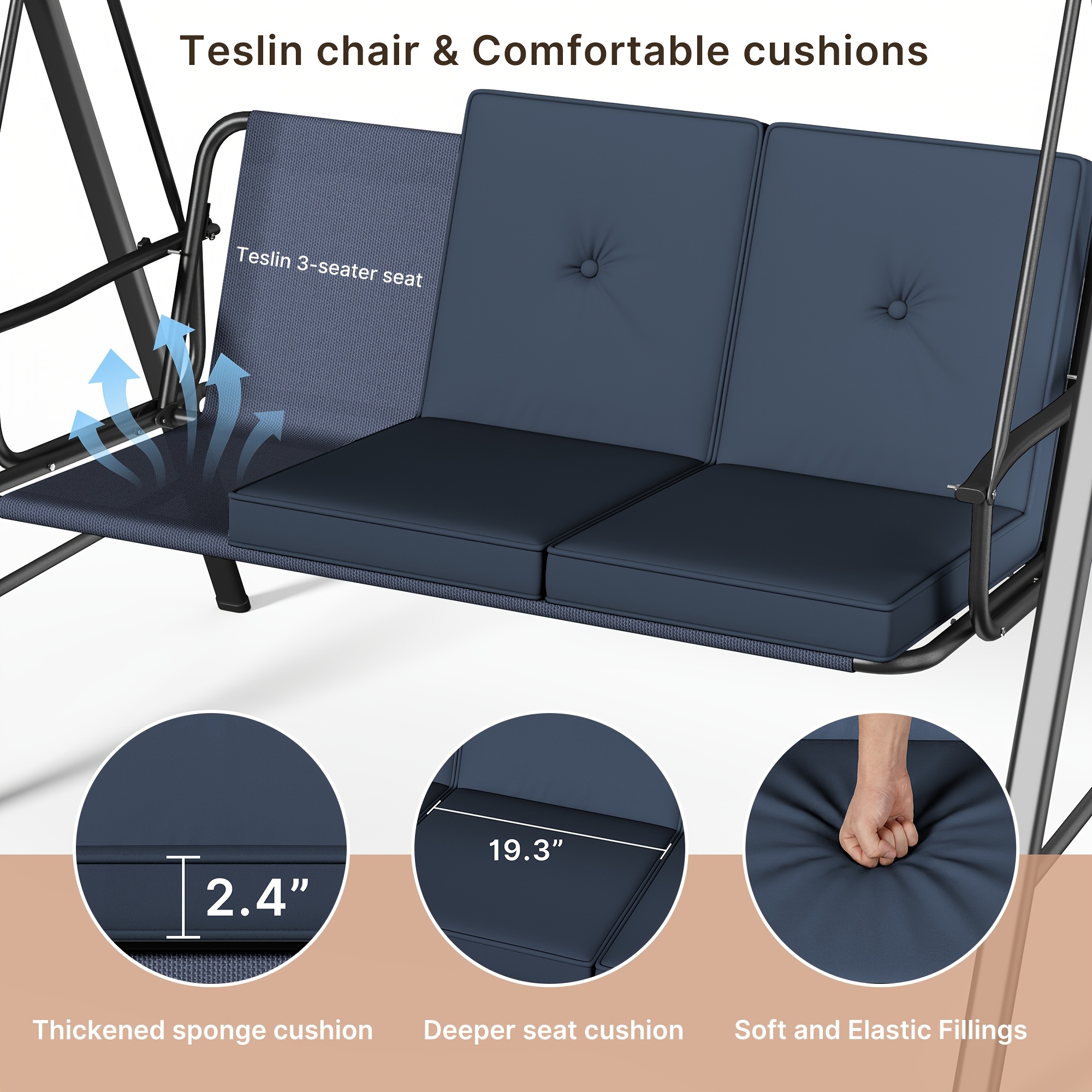 3-Seat Porch Swing Chair with Stand - Convertible to Adult Swing Bed, Adjustable UV-Protected Canopy & Thick Cushion, 750lbs, Flat Bed (Red/Blue/Dark Gray) for Porch, Backyard, Garden & Balcony