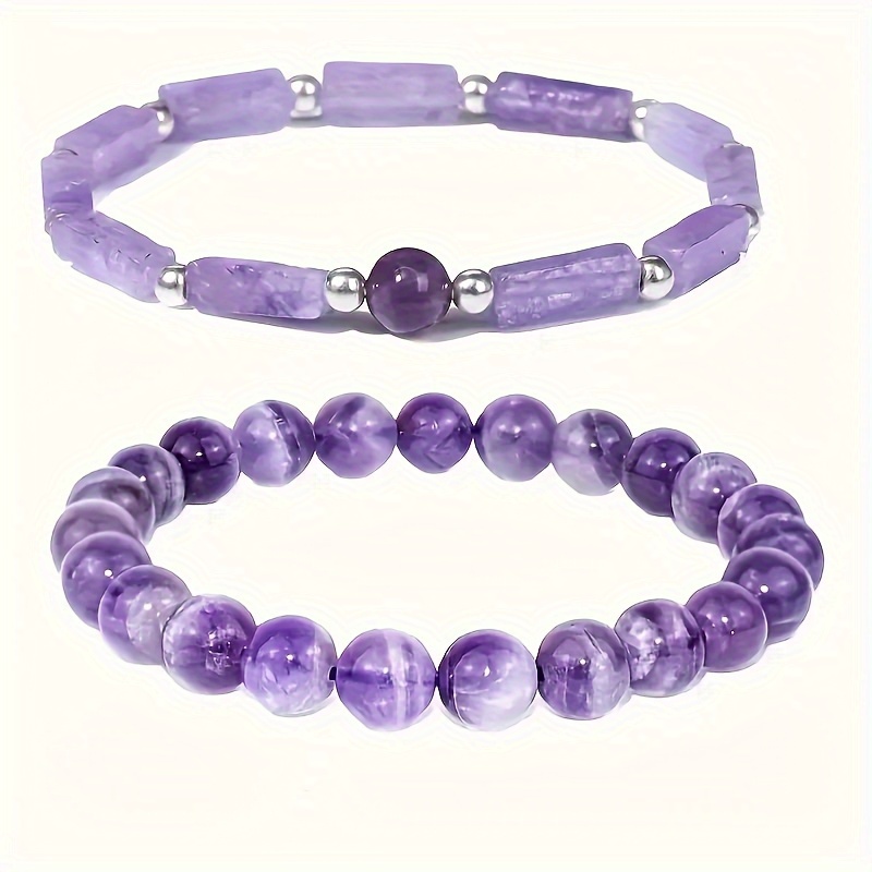 TEMU 2pcs Natural Amethyst Bracelets - Authentic, & Calming For Casual Attire