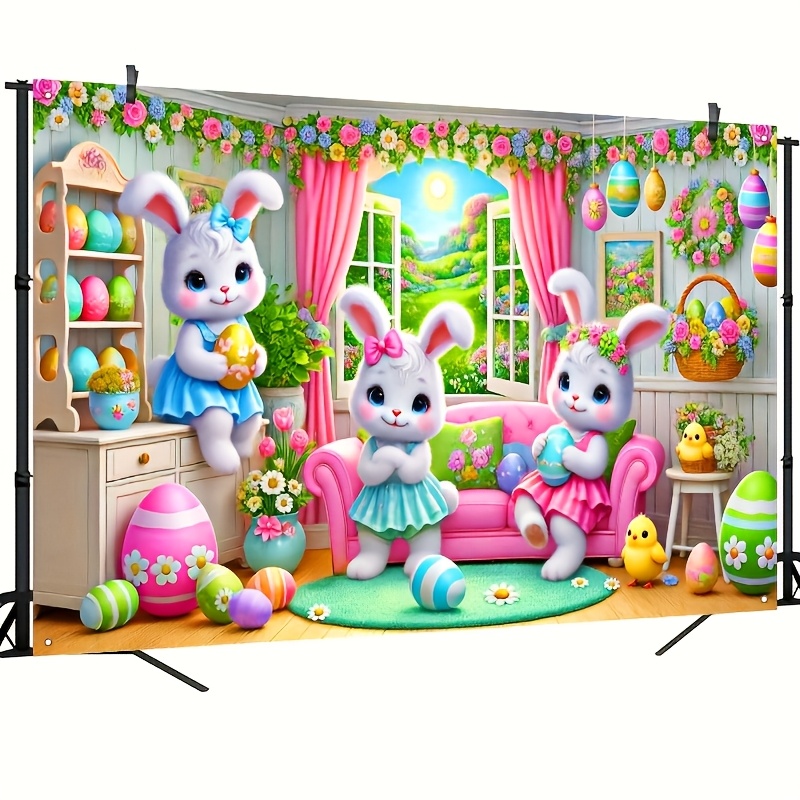 

Easter Bunny & Eggs Party Banner - Indoor/outdoor Polyester Photo Backdrop With Pastel Decor, No Power Needed, Garden Celebrations