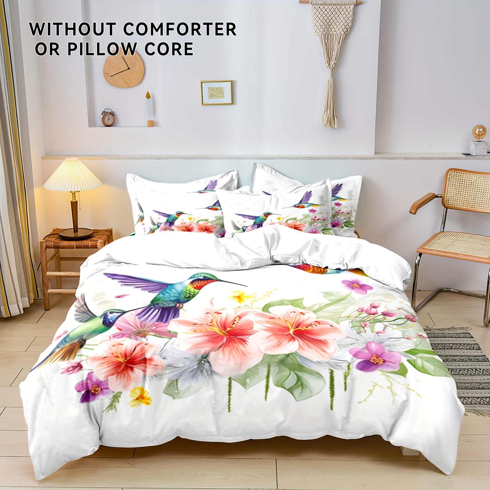 TEMU Ensemble de Housse de Couette 3 pièces Imprimé Oiseaux & Fleurs - Doux, Respirant, en Polyester pour Toutes , Comprend 1 Housse de Couette et 2