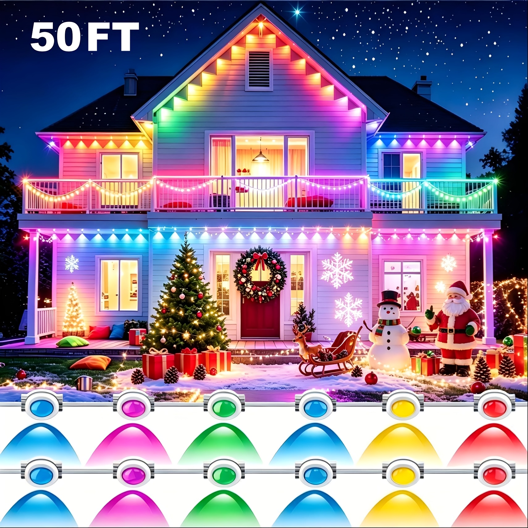 TEMU Guirlandes Lumineuses RGB Extérieures Permanentes de 15 mètres (50 pieds), pour Fêtes d'Année, Halloween, Noël et Décorations de Nouvel An pour