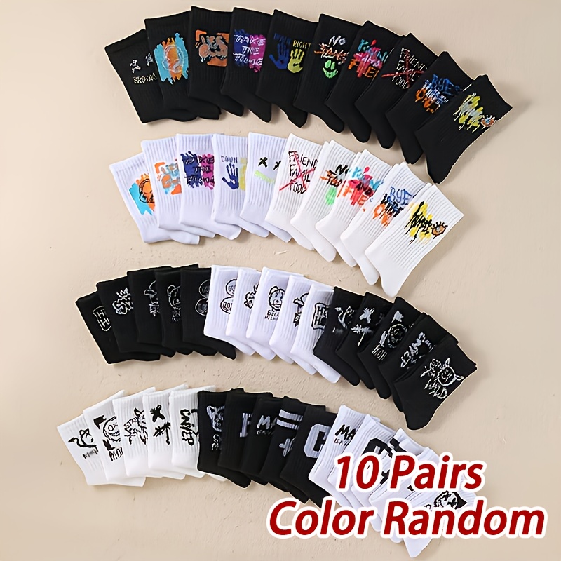 E-shop 10 Paar Kinder Socken mit zufälliger Streetart & Buchstaben Design für Jungen & Mädchen - Schwarz & Weiß , Atmungsaktive Alltags Langsocken,