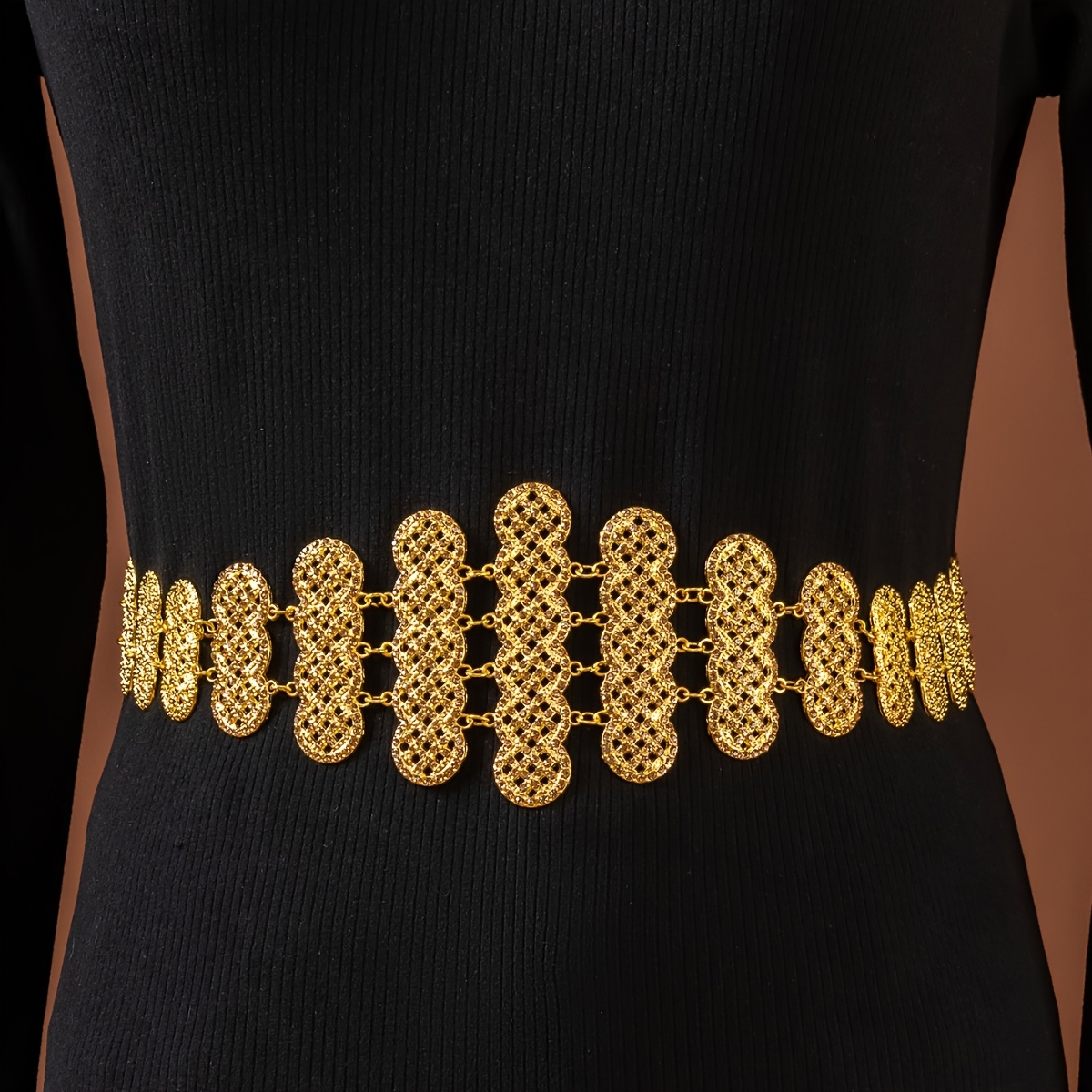 Image of 1pc Court Style Long Oval Inlaid Embellished Craft Hollow Carved Performance Belly Dance Waist Belt
