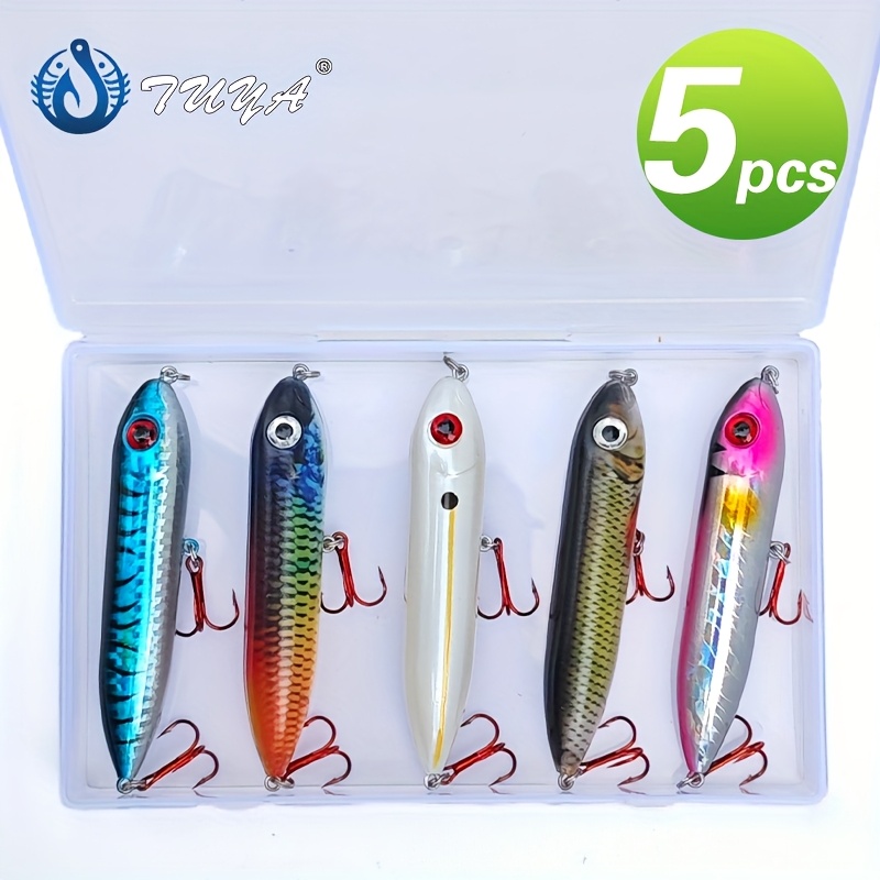 TEMU 5pcs Lure Baits Artificial Lures, Floating Pencil Style Puppy Far Casting Lure Set Japanese 13g Fake Bait Freshwater Sea Fishing Surface Type