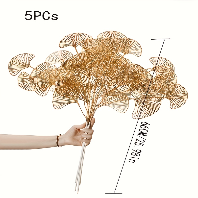Image of 5pcs Golden Ginkgo Leaf Branches - Artificial Apricot Branches For Vase Filling, Suitable For Home And Wedding Decoration, Christmas, Spring And Chinese New Year Celebrations