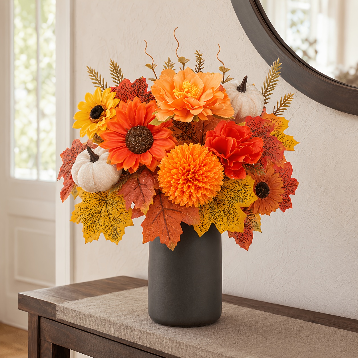 TEMU Premium Artificial Autumn Bouquet Set, Featuring Realistic Sunflowers, Peonies, Chrysanthemums, And , With Velvet Harvest Decorations. Suitable