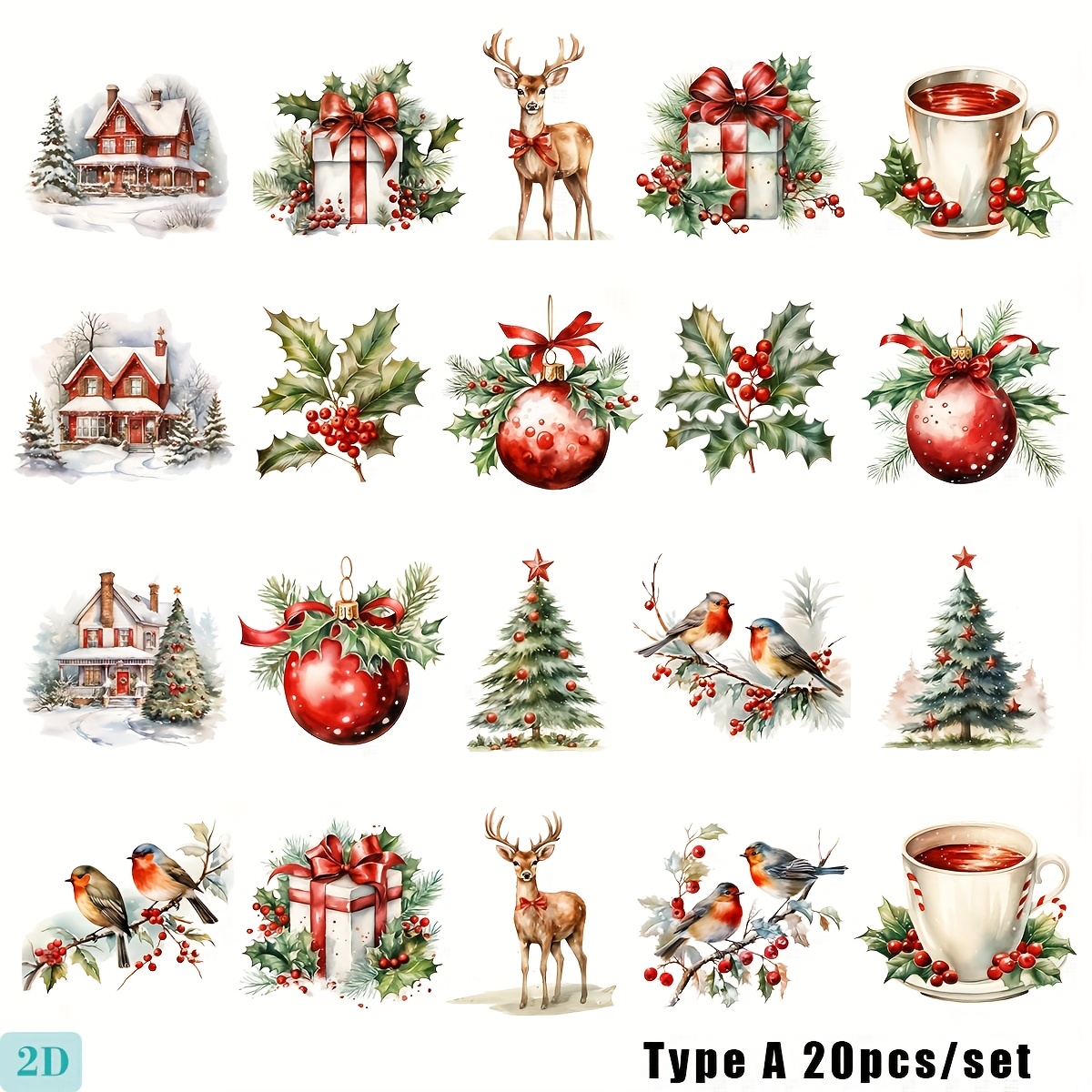 Image of 20pcs/set Handmade Creative Retro Christmas Tree Christmas Gift Series 2d Flat Stickers For Trash Journal Notebook Decoration Hand Account Cutting Album Stickers