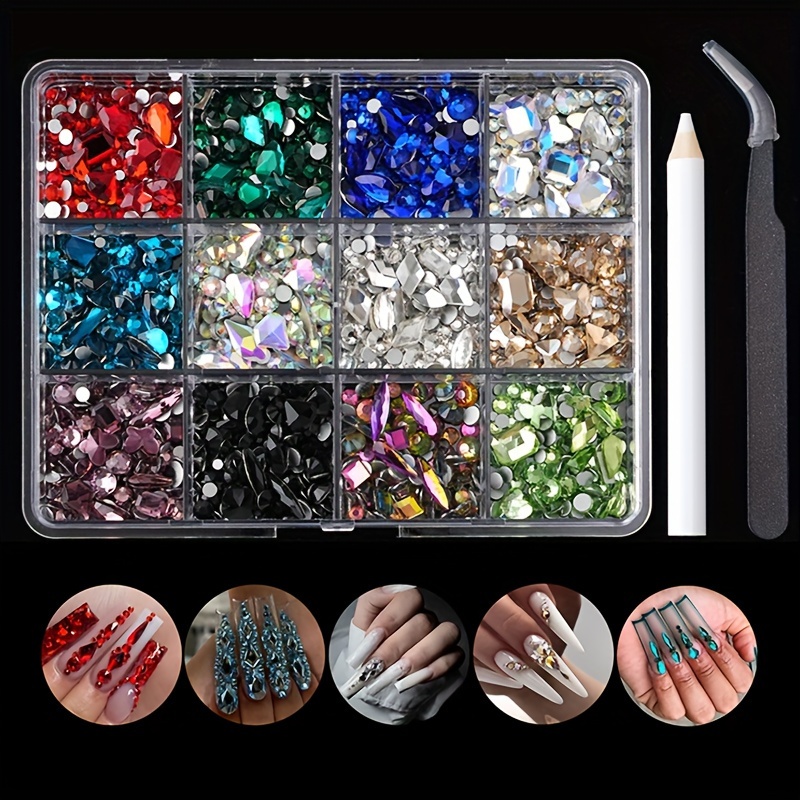 

Multi-shape Flatback Nail Art Rhinestones Set With Tools - 12-grid Box Assorted Gemstones For Diy Manicure, Crafts, Phone Cases, Hair Accessories, Apparel, & Party Decorations - Unscented