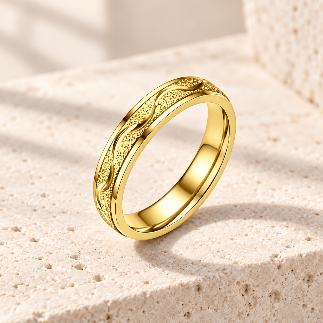 Women's 304 Stainless Steel Slim Band Ring, Engraved Wave Pattern