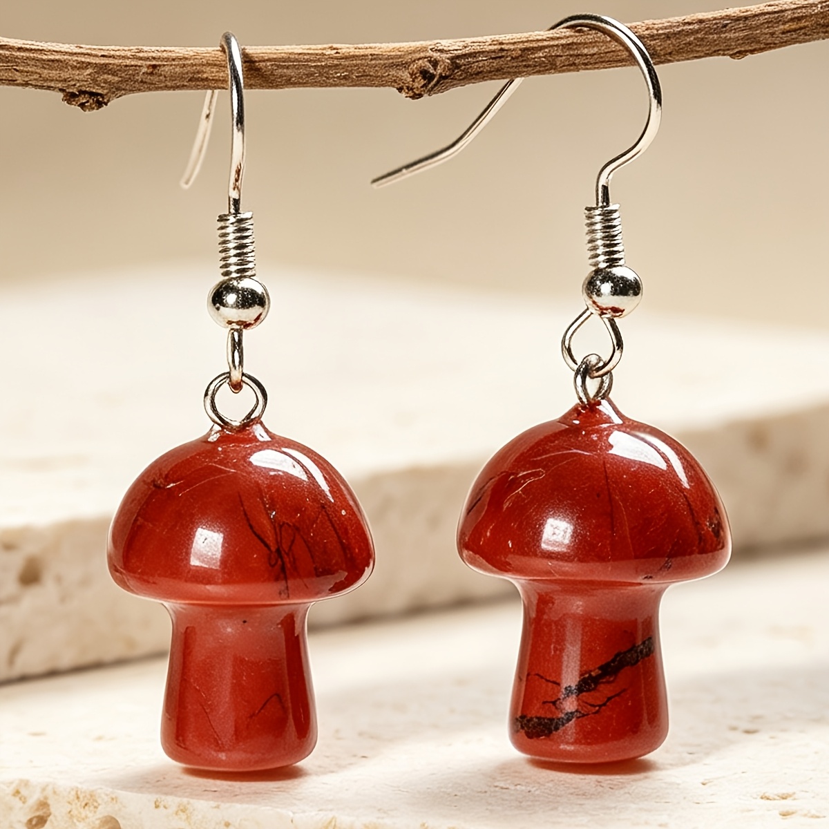 Women's Red Jasper Mushroom Earrings, Bohemian Vintage Style