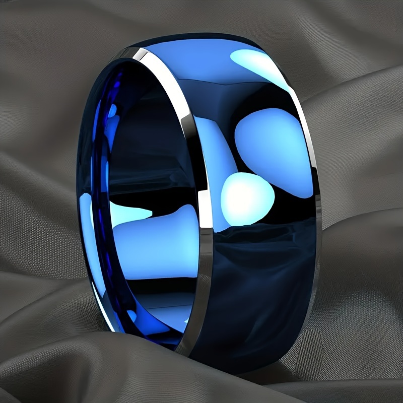 

1 Fashionable Men's 8mm Blue Round Top Tungsten Steel Finger, Men's Wedding Ring, Size 6-13