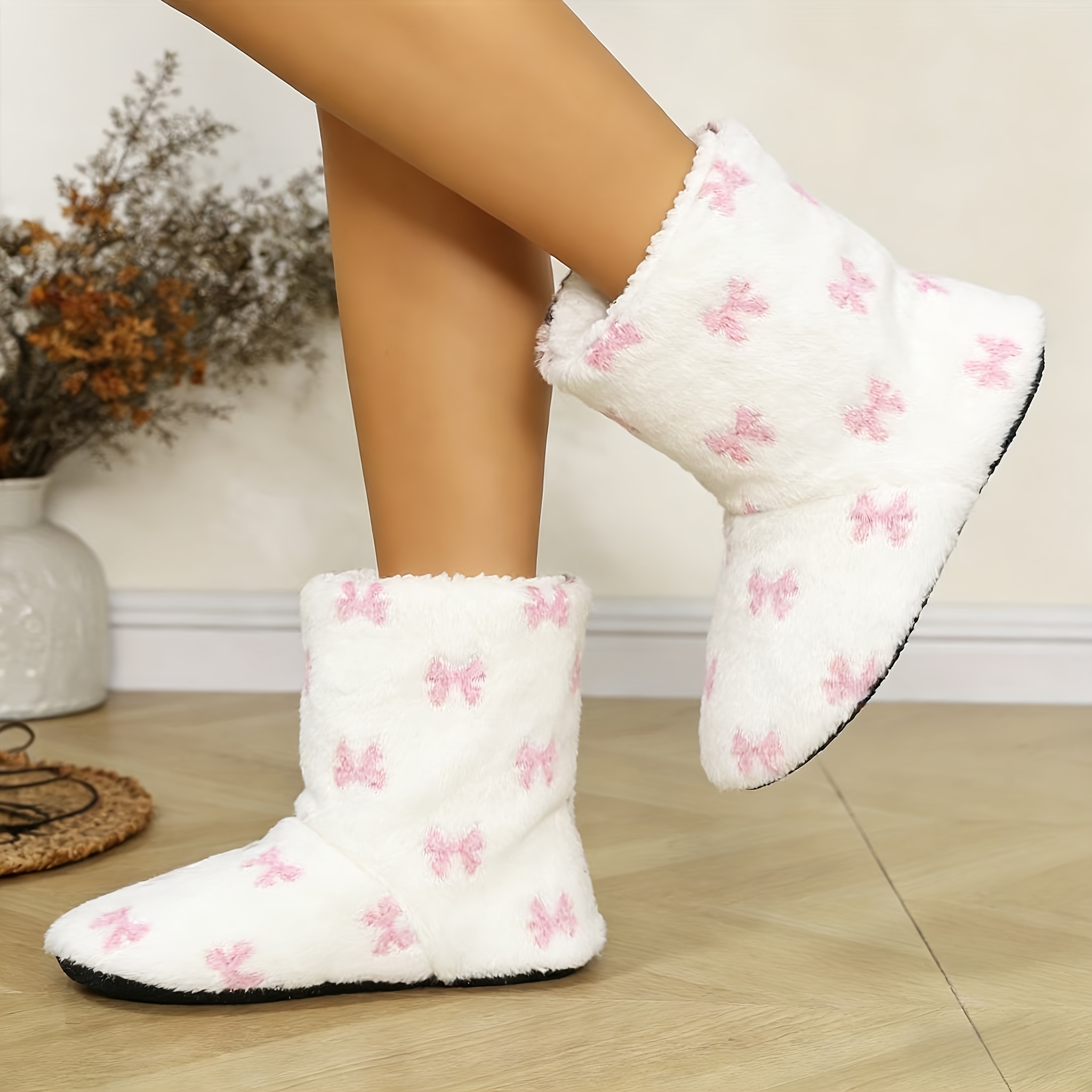 TEMU Women's Bow Print Plush Warm Short Boot ; Comfortable, Warm, And Non-slip Mid-calf Floor Boots., Women Shoes