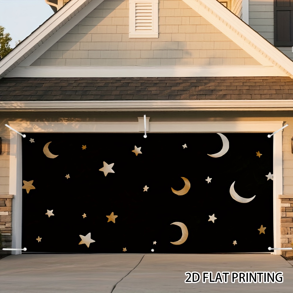 2D Flat, 2D Door Banner, 1pc Black & Golden Celestial Night Sky Door Banner with Golden Stars & Moon - All-Season Hanging Decoration for Outdoor/Indoor Garage, Garden, Party Decor - Easy-to-Hang 2D Flat Printing Door Decorations for Birthdays, Weddings, New Year's Eve (Black & Golden, White & Golden, Dark Blue & Golden) - Durable & Wrinkle-Resistant, Multi-Use for Seasonal & Themed Events, Versatile for Various Occasions, 2D Flat