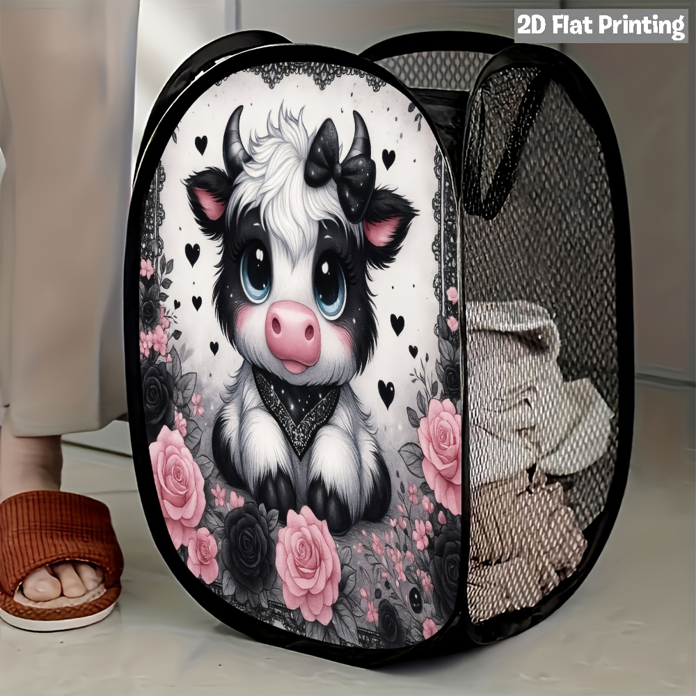 TEMU Panier à linge pop-up pliable 1 pièce en , vache noire et blanche avec nœud et roses pour la Saint-Valentin, de place pour le rangement de et de