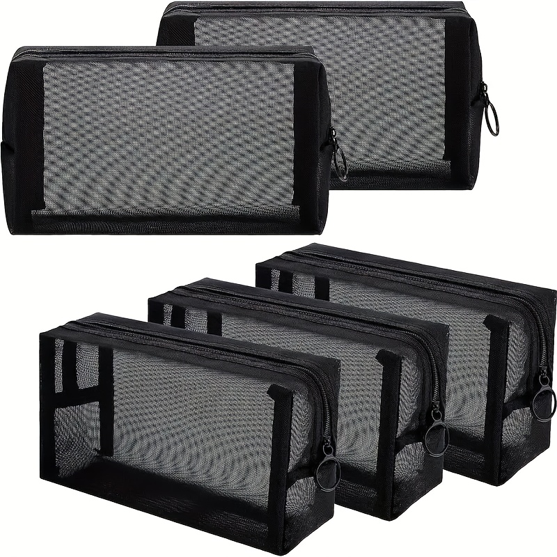 

5-pack Black Mesh Cosmetic Bag Set - Nylon Zippered Pouches With Breathable Design For Travel And Home Office Accessories, Foldable Storage Organizers