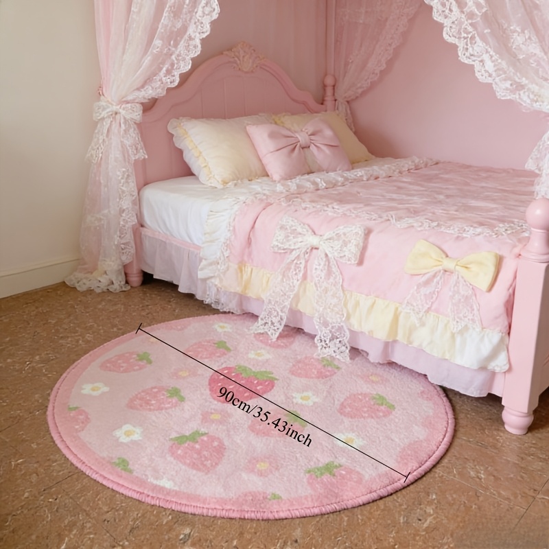 TEMU Faux Cashmere 1000g 10mm Sweet Cute Pink Strawberry Pattern Bedroom Bedside Round Rug Korean Study Desk Soft Fluffy Carpet Ambiance Bathroom