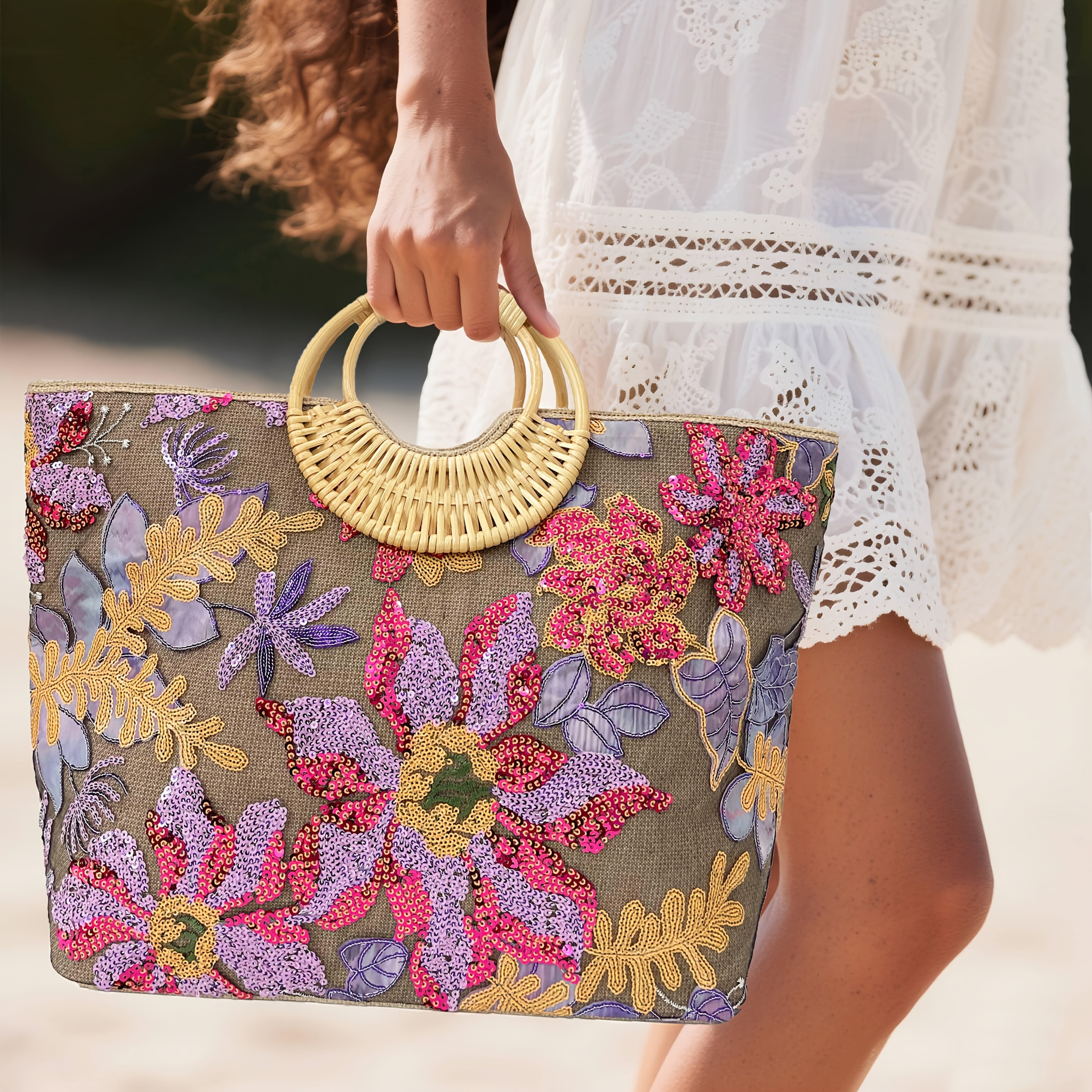 womens purple sequined floral embroidered straw weave tote Temu