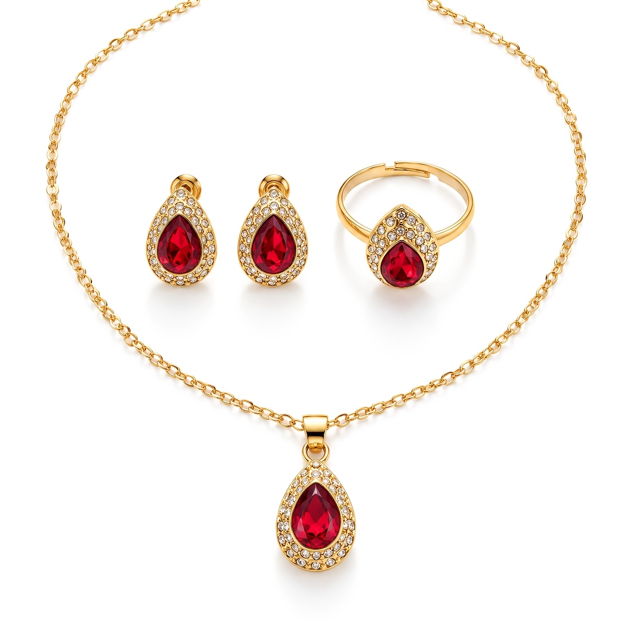 TEMU Light Luxury Teardrop-shaped, Shiny And Charming Jewelry Set (necklace, Earrings, Ring), Adjustable Ring, Bridal Party Gift