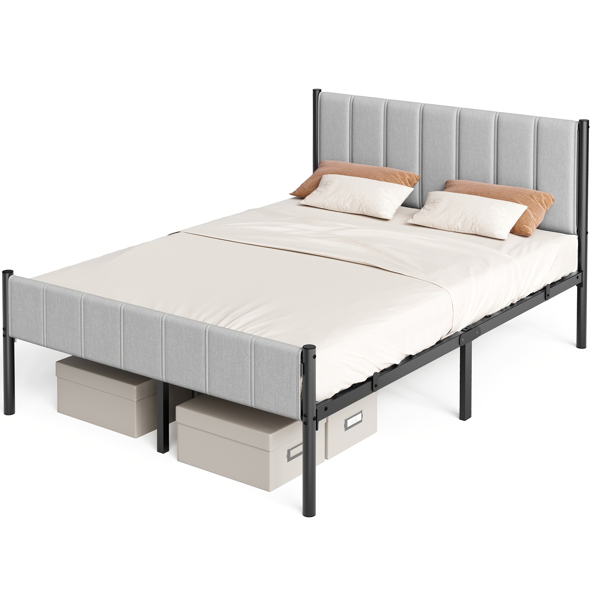 Steel Double Bed Frame, Easy To Assemble, 140 X 190cm, With Upholstered Headboard, Gray