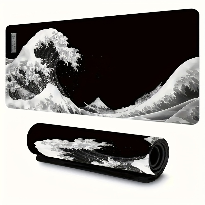 TEMU Xl Japanese Wave Gaming Desk Mat - Non-slip Washable Large Mouse Pad With Thick Rubber Base, 35.4"x15.7" (90x40cm) Oversized Computer Table Pad