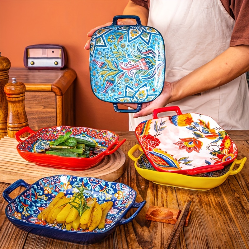 

4pc Bohemian Style Ceramic Bakeware Set, Square Dual Handle Plates, Creative Home Serving Dishes, Social Media Famous, Oven & Microwave Safe, For Baking, Fruits, Pasta