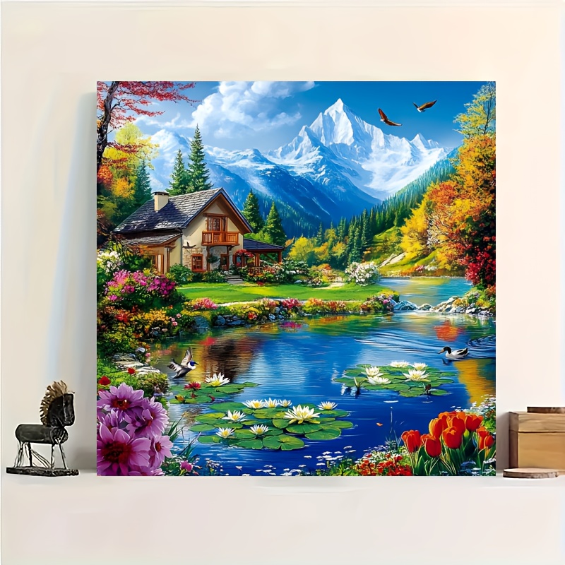 Image of 1pc Diamond Painting Kit - Mountain Landscape , Greenery & Lake - Complete With Pre-printed Canvas, Round Diamonds
