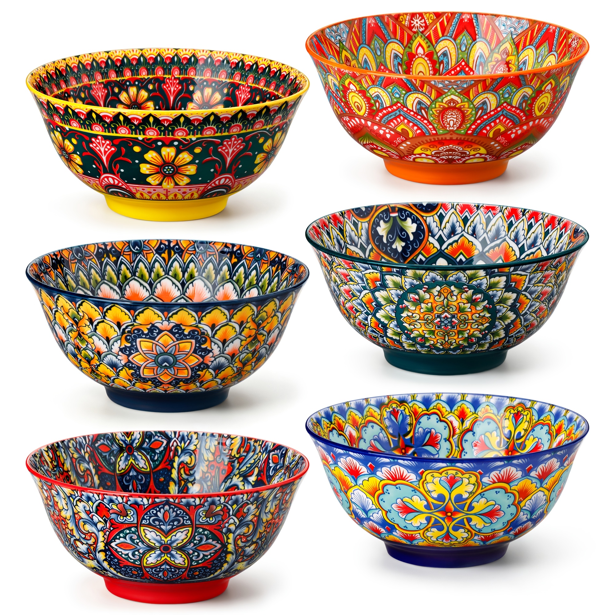 Image of 6pcs Bohemian Ceramic Bowl Set, 630ml/21oz Colorful Mediterranean-style Tableware, Suitable For Family Gatherings, Includes Round Soup Bowls, Dessert Bowls, Noodle Bowls, Salad Bowls, Microwave Safe