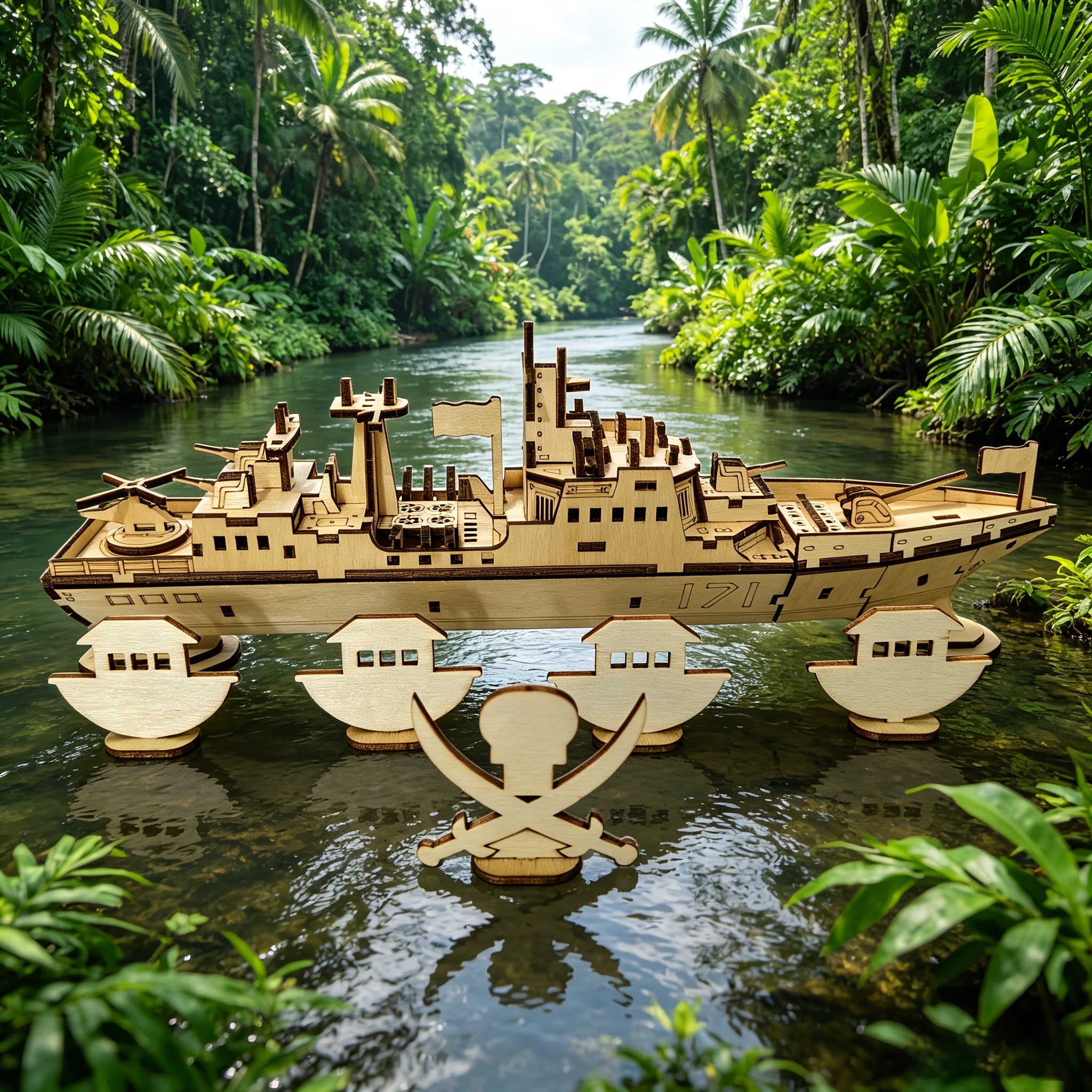 3D Wooden Ship Puzzle Assembly Set, Featuring Boat and Pirate Skull Figurines