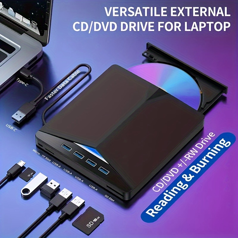 

7-en-1 USB 3.0 Lecteur CD/DVD Portable: Graver, Jouer & Compatible Avec Ordinateur Portable/Bureau/PC/Mac OS!