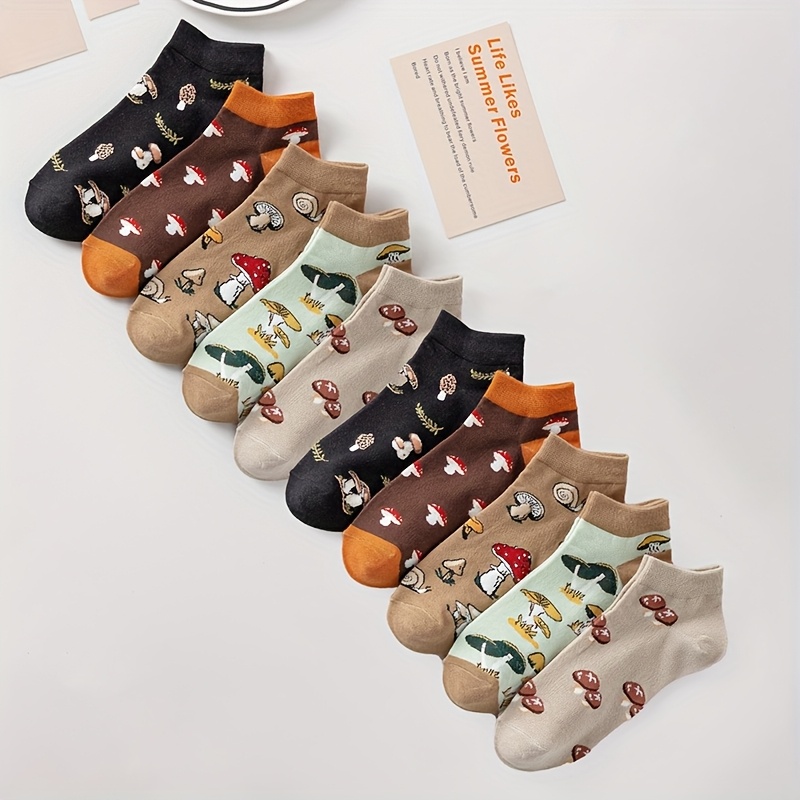 TEMU 5/10 Pairs -summer Trendy Mushroom Pattern Cute Women's Socks Soft Comfortable Breathable Casual Thin College Style Ankle Socks