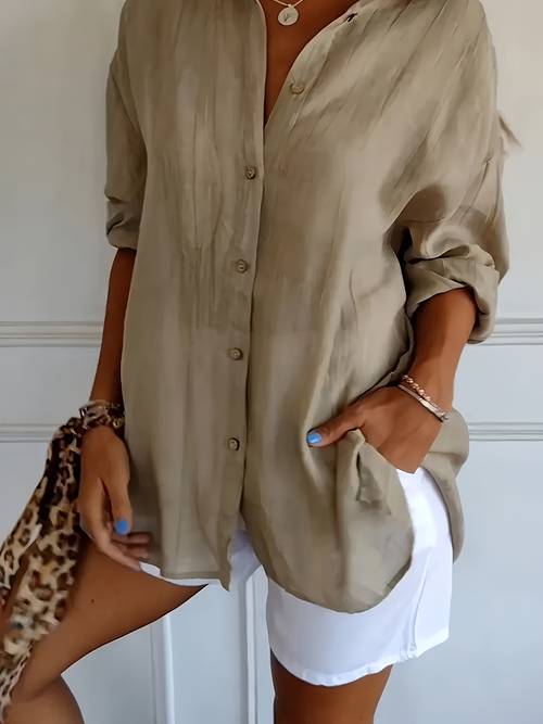 single breasted pleated lapel shirt for women solid color european and american pull up sleeve top