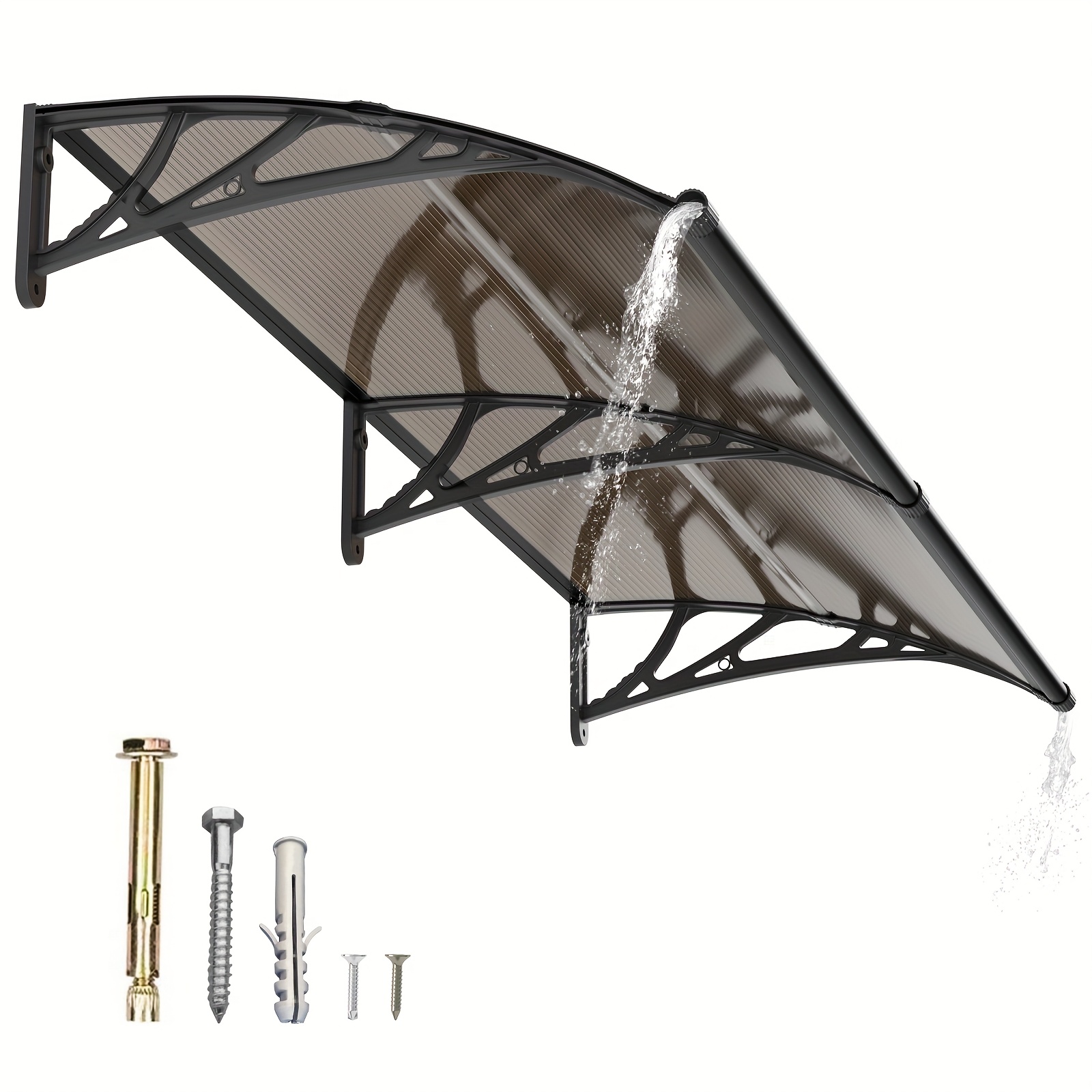 Image of 80/100/120/150/200/300cm Window Awning Door Canopy With Large Drainage Gutter Polycarbonate Hollow Sheet Awning Patio Door Uv Rain Snow Toldo Para Patio Awnings, Brown Panel