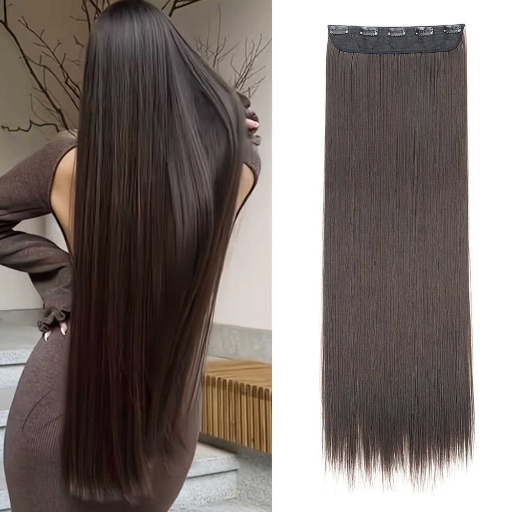 TEMU ["5 Clips pour Extensions de Cheveux] Extensions de Cheveux Synthétiques Noires Extra Longues et Lisses Résistantes à la Chaleur avec 5 Clips,