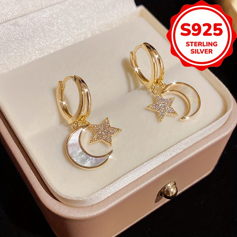 Women's S925 Silver Star and Moon Stud Earrings, Fashionable
