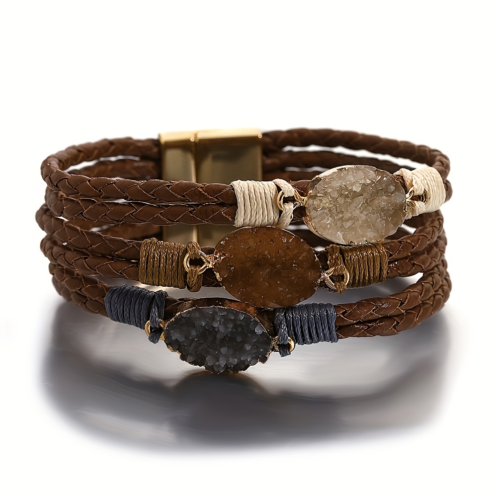 TEMU Pulsera envolvente bohemia de triple piedra para mujer - Brazalete trenzado multicapa artificial con cuentas de piedra natural, regalo adecuado