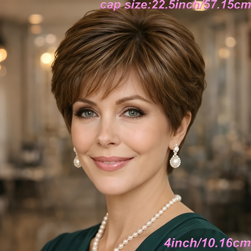 TEMU Women's Elegant 4# Brown Cut Human Hair Wig With Bangs Short Layered Straight Bob (machine-made) 180% Density For Daily, Party, And Holiday Wear