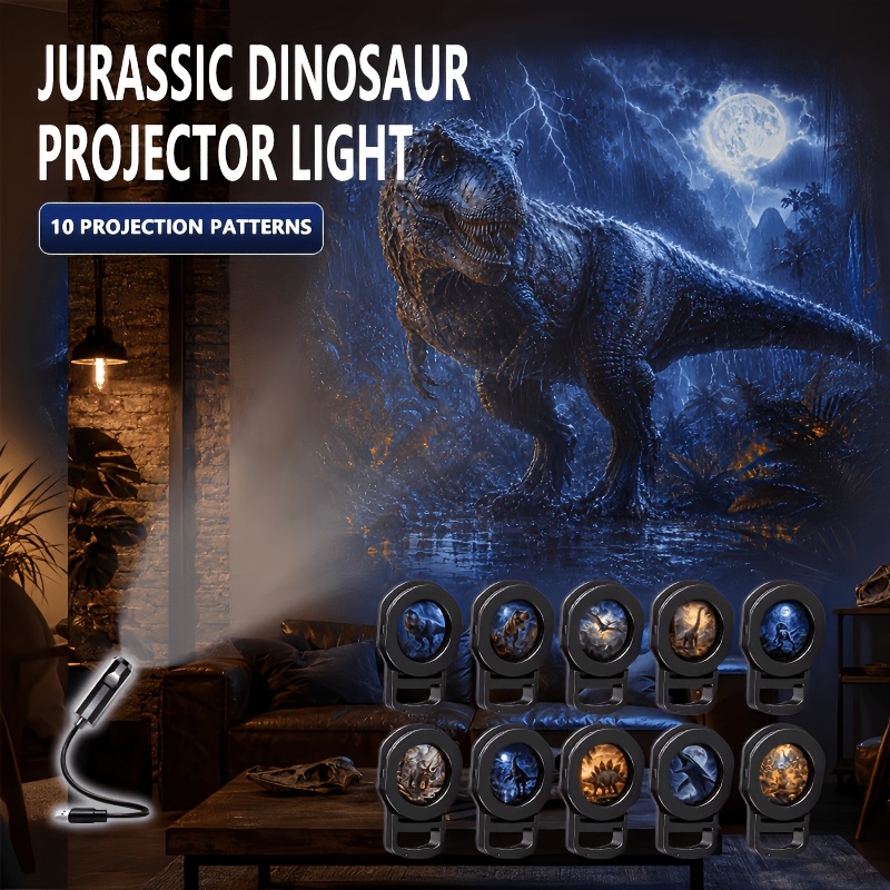 TEMU Usb Jurassic Dinosaur Projection Lamp, 1 Lamp + 10 Projection Patterns Led Night Light, Flexible Swivel Usb Lamp, Suitable For Bedroom And Game