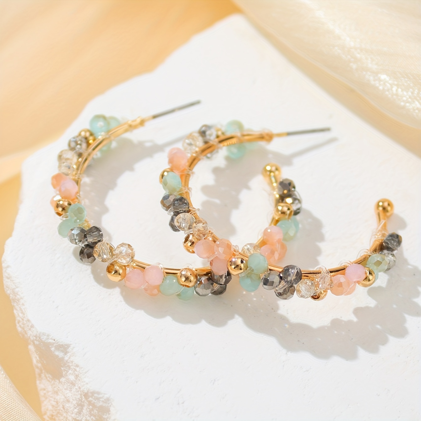 

1 Pair Bohemian Style Handcrafted Diy Glass Beaded Colorful Hoop Earrings, Elegant Ear Jewelry Perfect For Parties And Gifts