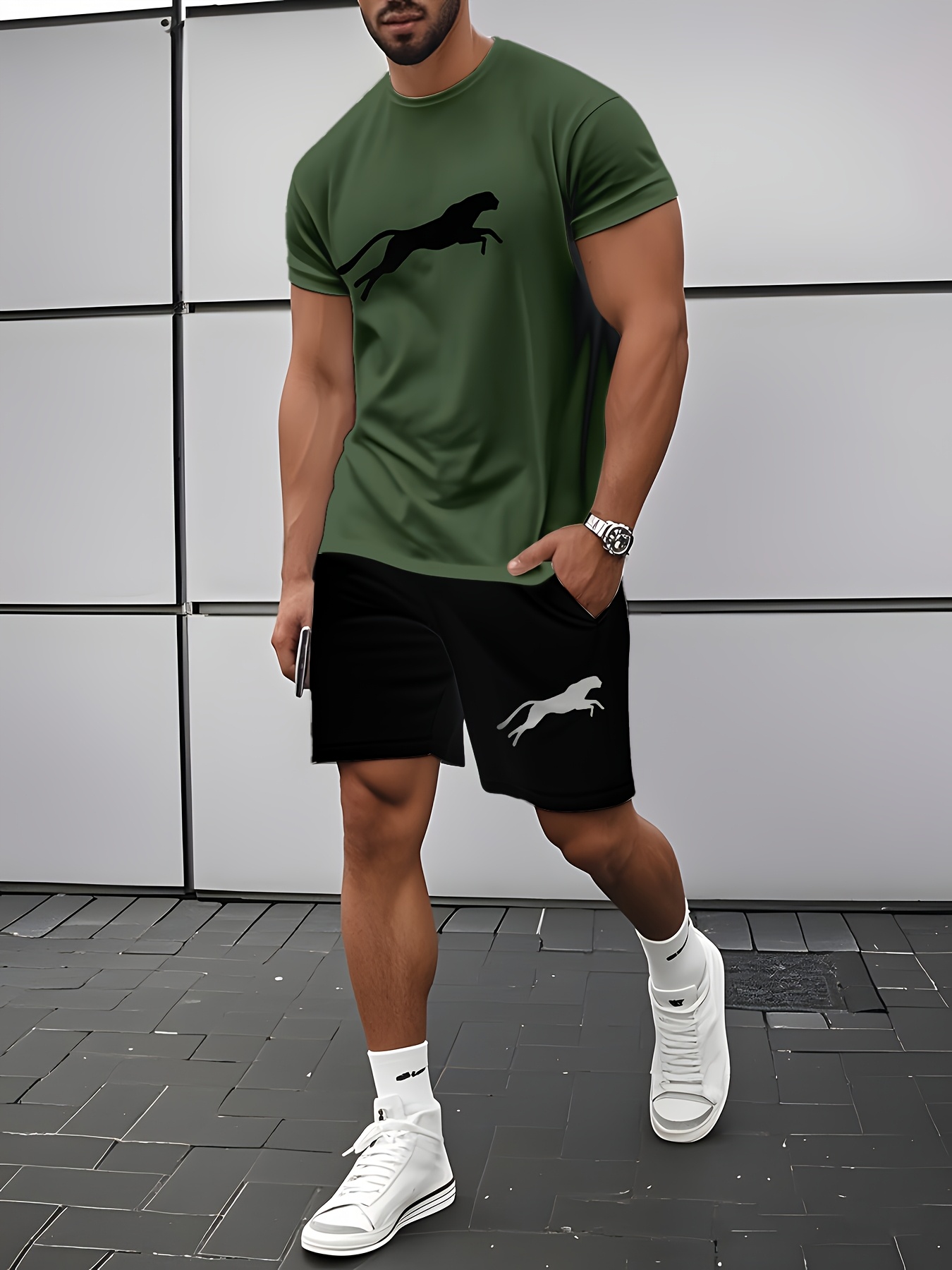 Leopard Print 3D Men's Casual Sportswear Set - Breathable Polyester Knit Fabric, Crew Neck Short Sleeve T-Shirt and Shorts Combo, Regular Fit for All Seasons